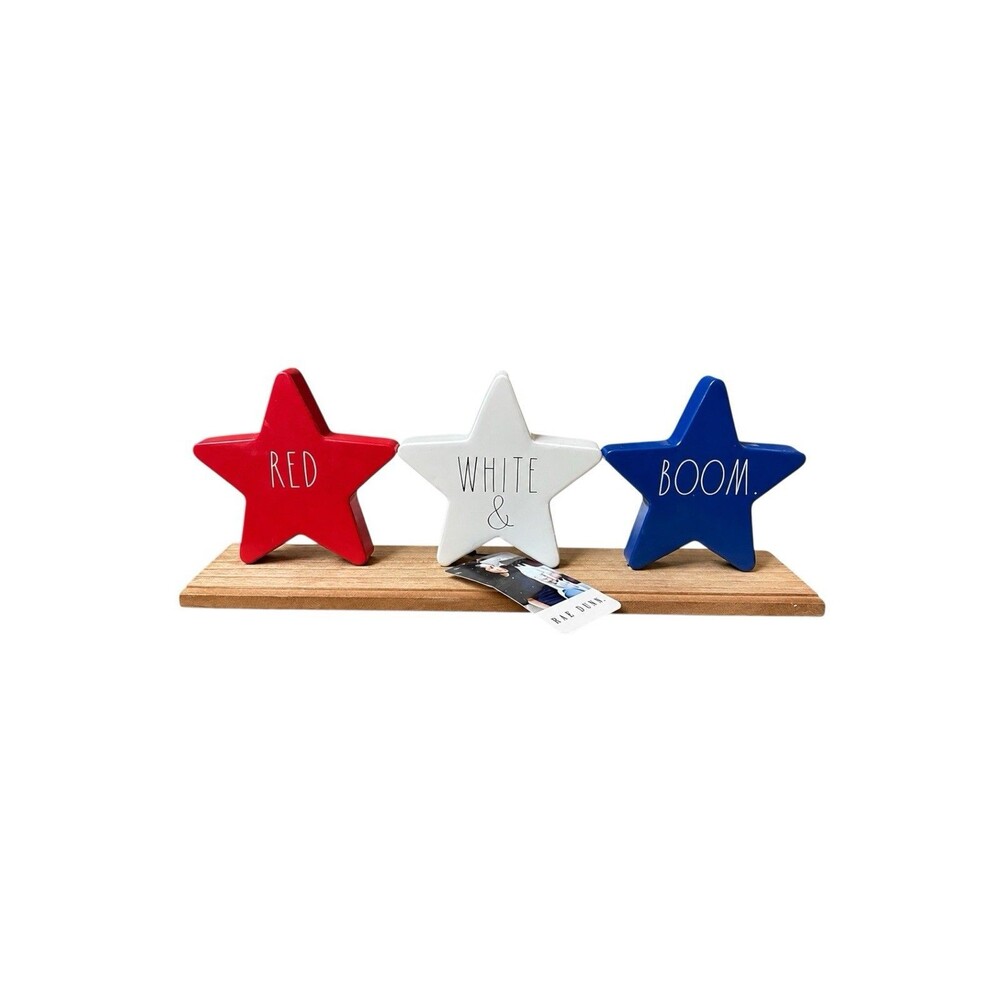Rae Dunn Red White Boom Patriotic Star Decor Americana 4th Of July Shelf Sign